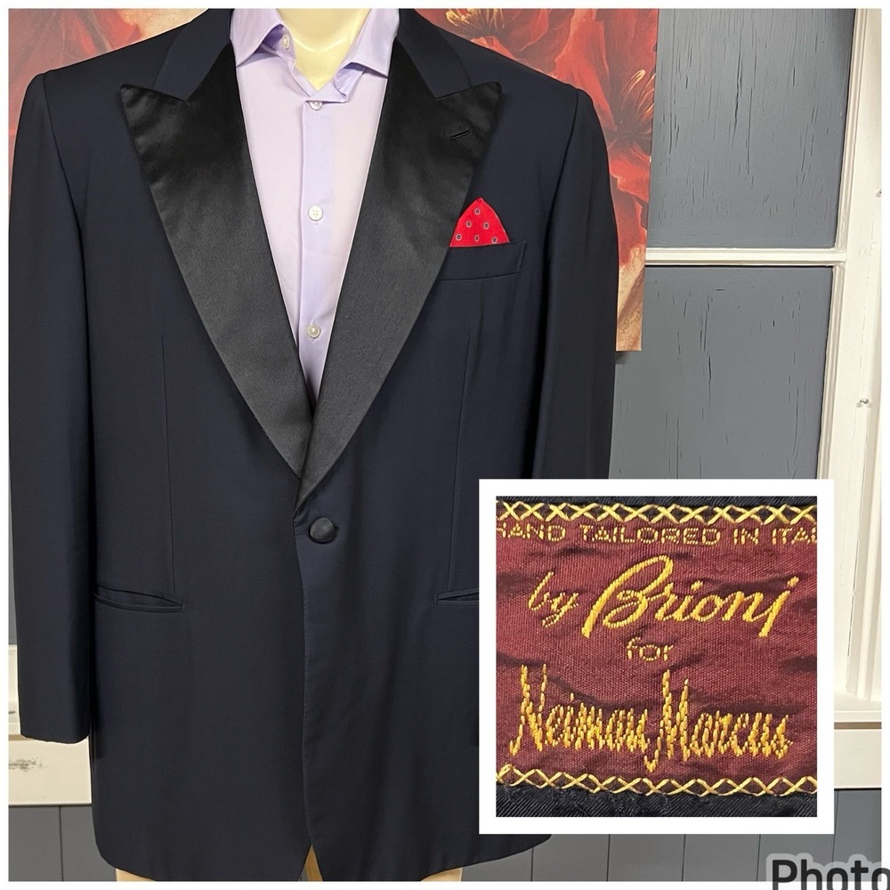 Vintage Brioni Custom Tuxedo Jacket Mens 46R Wool Dark Navy/Black Shoulder Pads
